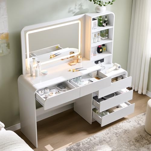 Aitjunz Vanity Desk with Mirror and Lights, 50” Modren Makeup Vanity with 35.43" Mirror and 5 Drawers, Makeup Table with Charging Station for Women and Girls, Bedroom (White) - color: White