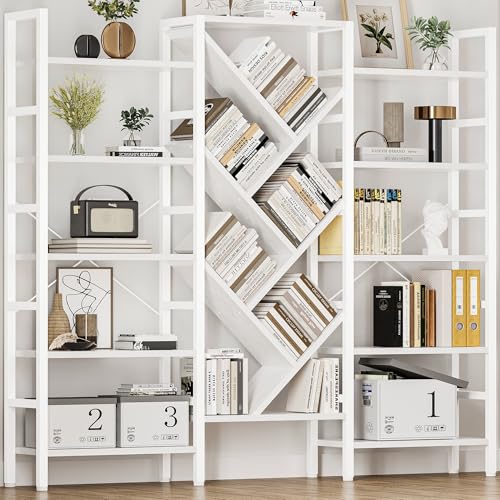 70" Triple 5 Tier Book Shelf, Large Wooden Bookcase with 17 Open Display Shelf, Modern Tree Bookshelf Metal Frame Tall Bookshelf Furniture for Living Room Bedroom Home Office White - color: White, size: 5 tier