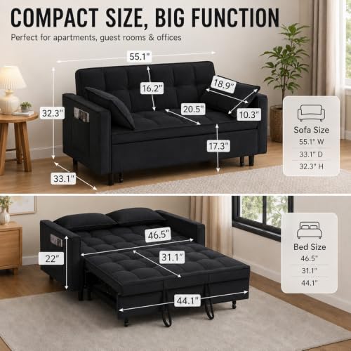 3 In 1 Velvet Convertible Sofa Bed, Pull Out Couch Bed with Reclining Backrest And 2 Pillows, 54" Full Size Loveseat Sleeper Sofa Futon Couch Bed, Couches For Small Spaces, Living Room (Black) - color: Black