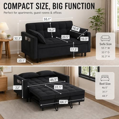 3 In 1 Velvet Convertible Sofa Bed, Pull Out Couch Bed with Reclining Backrest And 2 Pillows, 54" Full Size Loveseat Sleeper Sofa Futon Couch Bed, Couches For Small Spaces, Living Room (Black) - color: Black