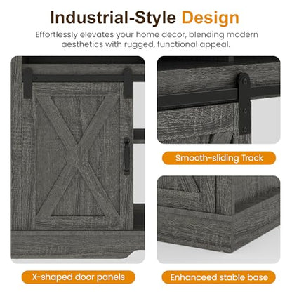 RoyalCraft Farmhouse Fireplace TV Stand for 65+ Inch TV, Entertainment Center with 23" Electric Fireplace with Remote, 34 Tall Modern Rustic TV Console with Sliding Bar Door for Living Room, Dark Grey - color: Dark Grey, style: Electric Fireplace Included