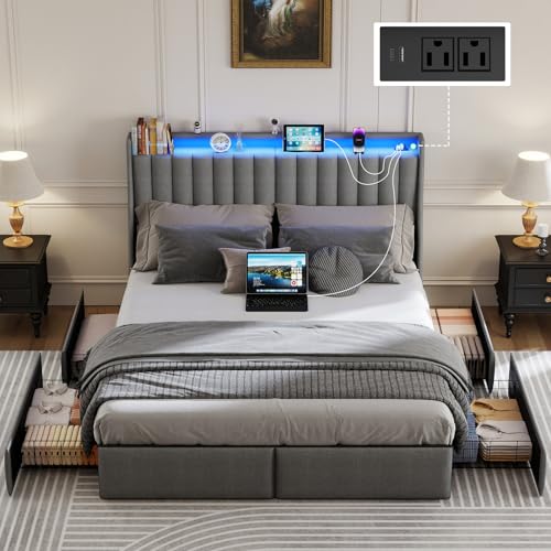 SADENICEL Full Size Bed Frame with 4 Storage Drawer, Full Bed Frame, Grey | Headboard with Charging Station and LED Lights, Metal Platform Bed with Storage Shelf, Noise Free, No Box Spring Needed - size: Full, style: Channel Tufted & 4 Storage Drawers