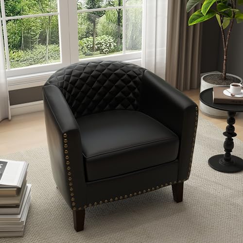 Faux Leather Accent Chair, Modern Barrel Club Chair, Black | Comfy Upholstered Armchair for Living Room, Round Club Chair Single Sofa Bedroom Reading Seat | 26"D*29"W*29"H - color: Black