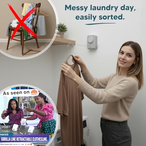 Max – Retractable Clothesline Indoor Outdoor, Non-Sagging Heavy Duty Clothes Drying Line, Wall Mounted Drying Rack, Air Dry Clothing, Max Tighten with GorillaGrip - style: Gray - Upgraded Model