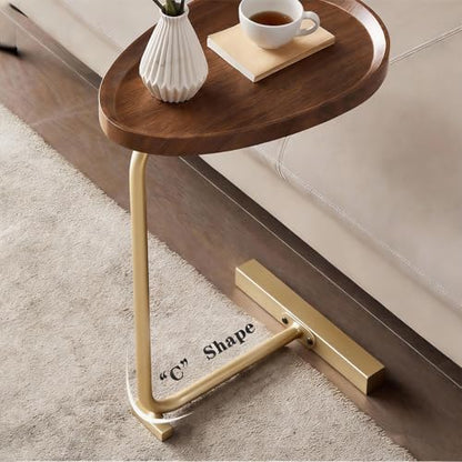 Small Side End Table New C Table Narrow Round Bed Sofa Couch Coffee Dinner Table for Snack Drink TV Tray, Slim Gold Rustic End Table Modern Simplicity, Metal and Wood - 24 Inch - color: Wanut Color