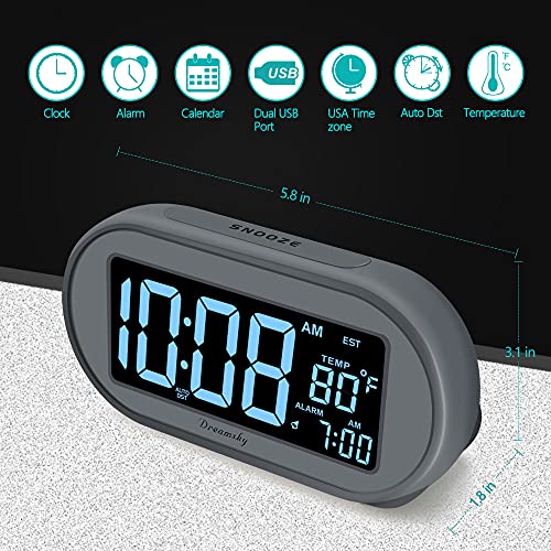 DreamSky Alarm Clocks for Bedrooms, Auto Set Digital Clock with Date & Temp | Electric Desk Clock with Dimmable Brightness Dimmer for Bedside Nightstand, Auto DST, USB Port, Temperature, Snooze - color: Gray