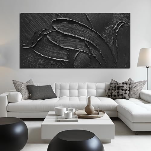 Large 3D Textured Hand Painted Decor Black Abstract Wall Art | Wall Painting For Living Room ,Minimalist Canvas Wall art For Bedroom,Home Office Hotel Hallway Decoration 29x58 Inch - color: Black, size: 58"L x 29"W Painting