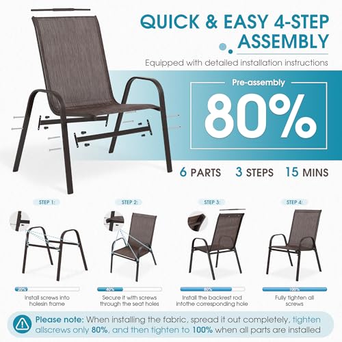 24.4" Wide Outdoor Stackable Chairs Set of 6 | Stacking Patio Chairs with Textilene Fabric, Outside Furniture for Garden Backyard Balconie Poolside Deck, Brown - color: 6 Brown Chairs