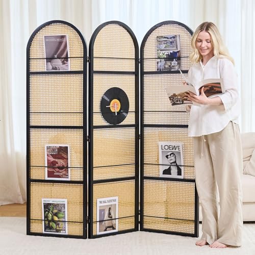 Rattan Room Divider with Bookshelf,Foldable Privacy Screen Partition,Wooden Frame,Natural Portable for Living Room,Bedroom Home,Office Reading Nook (Black, 3 Panels) - color: Black