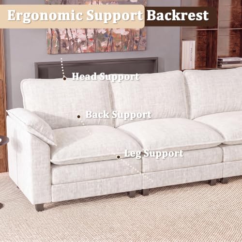 JUMMICO 159" Sectional Couch, Modular Cloud Sofa, White | Comfy Chenille, 4 Deep Seats, High-Density Foam, Double Layer Cushions, Oversized Linear Sofa for Living Room and Apartment - color: White, size: Linear Sofa