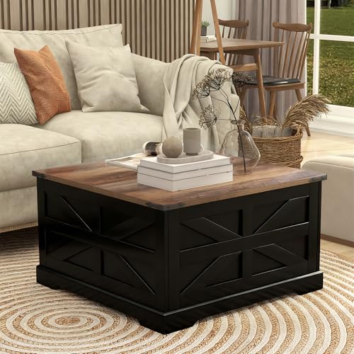 TaoHFE Black Lift Top Coffee Table with Storage,Rustic Black Farmhouse Coffee Table, Square Storage Compartment and Adjustable Shelves Coffee Tables for Living Room - color: Black