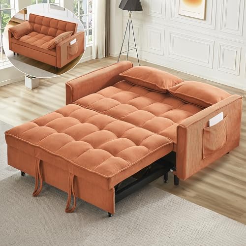 3 in 1 Pull Out Couch,Convertible Sleeper Sofa Bed, Corduroy-Orange | Futon Loveseat Couch with Pull-Out Bed & Adjustable Backrest Velvet Sofa with Side Pocket for Small Apartment - color: Corduroy-orange, size: 54.3 "