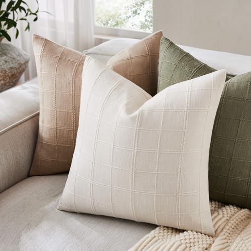 Linen Checked Throw Pillow Covers Set of 2, 22x22 Inch Ivory/Cream, Farmhouse Decorative Single Sided Grid Embroidered Couch Pillow Cases Off White Cotton Linen Cushion Covers - color: Ivory/Cream, size: 22" x 22" (Pack of 2)