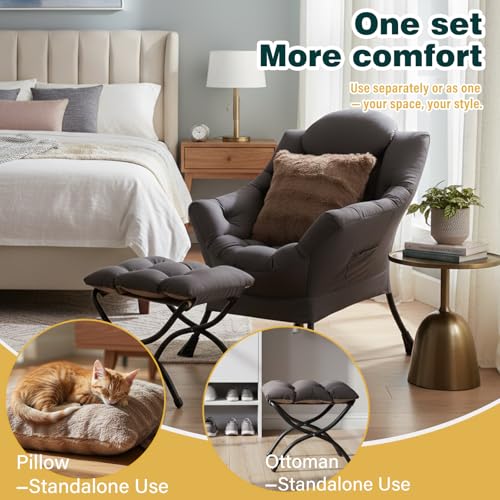 Lazy Chair with Ottoman, Comfy Reading Chair for Bedroom，Grey | Comfy Bedroom Accent Chair with Washable Removable Cover and extra throw pillow for Living Room Dorm - color: Shadow Grey