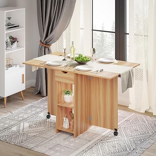 Mondeer Folding Dining Table with Drawer and Shelves, Red Oak | Drop Leaf Kitchen Table with 1 Drawer and 2 Storage Shelves in Modern Style for Small Spaces and Seats 4-6 People. - color: Red Oak