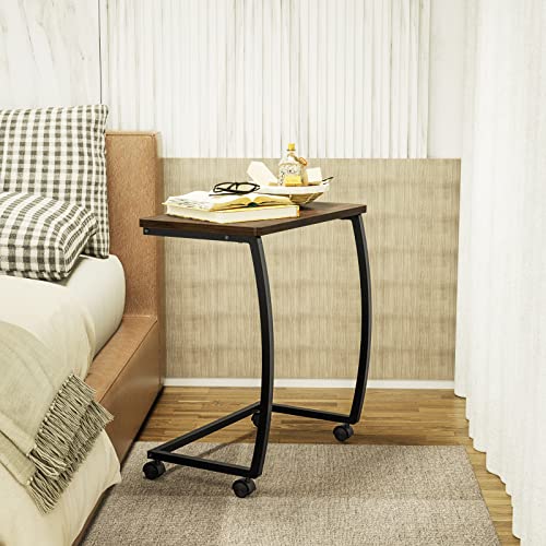 SRIWATANA Dark Walnut C Shaped Side Table with Wheels, Wood End Sofa Table | C-Table with Lockable Wheels Slides Under Sofa, Sturdy Wood Bedside Laptop Desk for Coffee, Snacks, and Study Use - color: Dark Walnut W/ Caster