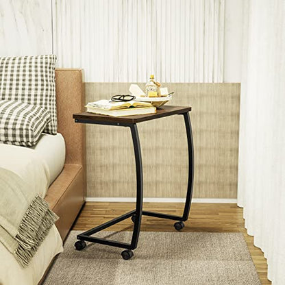 SRIWATANA Dark Walnut C Shaped Side Table with Wheels, Wood End Sofa Table | C-Table with Lockable Wheels Slides Under Sofa, Sturdy Wood Bedside Laptop Desk for Coffee, Snacks, and Study Use - color: Dark Walnut W/ Caster
