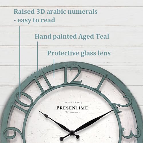13" Farmhouse Series Wall Clock | Shiplap Style, Silent No Ticking, Coastal Clock, Raised 3D Arabic Numeral, Aged Teal Finish - color: Aged Teal Finish, size: 13 inch
