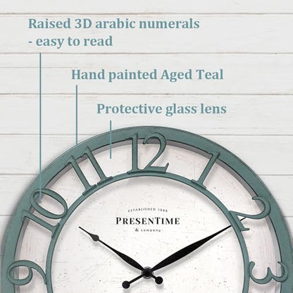 13" Farmhouse Series Wall Clock | Shiplap Style, Silent No Ticking, Coastal Clock, Raised 3D Arabic Numeral, Aged Teal Finish - color: Aged Teal Finish, size: 13 inch