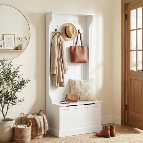 HOMCOM Hall Tree with Bench and Shoe Storage 3-in-1 Coat Rack White | Slim Bench with Coat Rack, 4 Hooks, Flip Top Storage Compartment - color: White, size: 28"