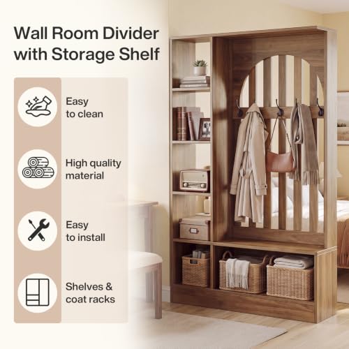 Tribesigns Room Divider with Storage Shelves and Bench | 70.9" Freestanding Wall Divider Partition with Coat Rack for Room Separation, Entryway, Living Room, Bedroom, Rustic Brown