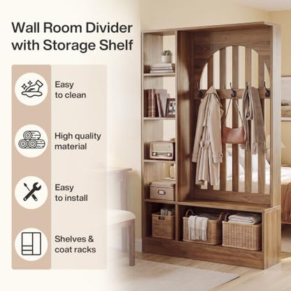 Tribesigns Room Divider with Storage Shelves and Bench | 70.9" Freestanding Wall Divider Partition with Coat Rack for Room Separation, Entryway, Living Room, Bedroom, Rustic Brown