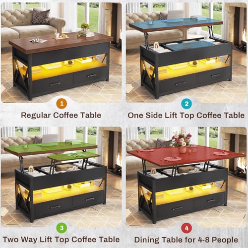 Itaar 40" Lift Top Coffee Table, 4 in 1 White Coffee Tables with Storage for Living Room, Small Coffee Table with 2 Drawers & LED Light for Dining Room, Black+Brown - color: Black+brown