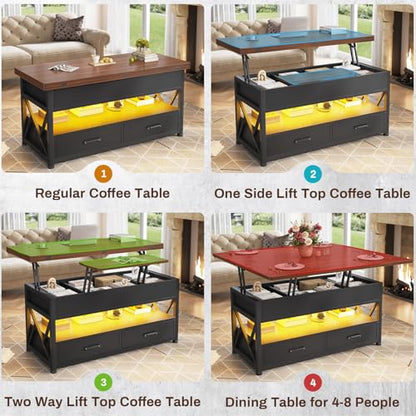 Itaar 40" Lift Top Coffee Table, 4 in 1 White Coffee Tables with Storage for Living Room, Small Coffee Table with 2 Drawers & LED Light for Dining Room, Black+Brown - color: Black+brown