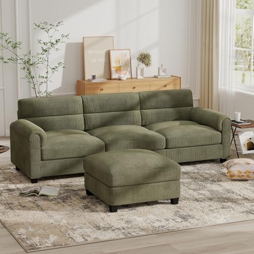 Bonzy Home 3 Seater Couch for Living Room, Corduroy, Green | 83.1 inch Comfy Sectional Couches with Movable Ottoman and Rolled Arms, Modern Sofa for Bedroom, Apartment, Office - color: Green, size: 3+0