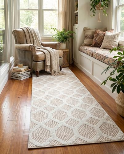 Rugs.com - Sabrina Soto Casa Rug – 12 Ft Runner Beige Textured Cotton Rug Modern Geometric Design for Hallways and Entryways - color: Beige, size: 2'7" x 12' (Runner)