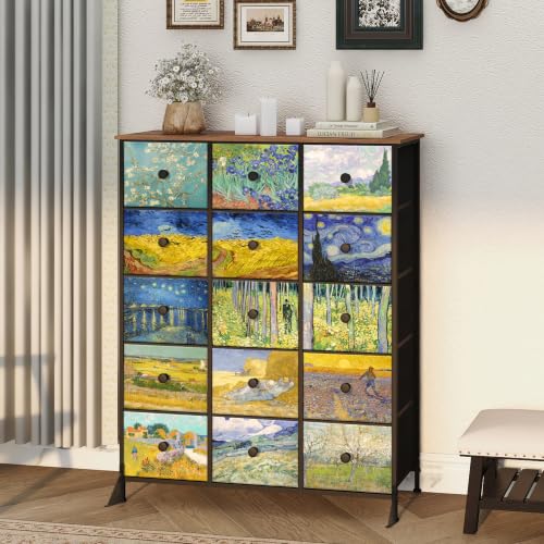 EXOTICA Large Chest of Drawers 15 Drawer Dresser Van Gogh Tall Fabric Dresser for Bedroom Living Room Entryway Closet with Sturdy Metal Frame and Wooden Top - size: Large 15 Drawers