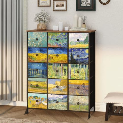 EXOTICA Large Chest of Drawers 15 Drawer Dresser Van Gogh Tall Fabric Dresser for Bedroom Living Room Entryway Closet with Sturdy Metal Frame and Wooden Top - size: Large 15 Drawers