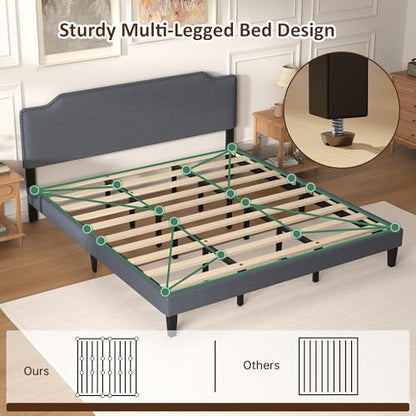 King Size Bed Frame with Upholstered Headboard, Platform Bed with Soft Linen Adjustable Headboard | Classic Elegant Studded Design | Wood Slats | No Box Spring Needed, King Bed Frame Dark Grey - color: Dark Grey, size: King (U.S. Standard)