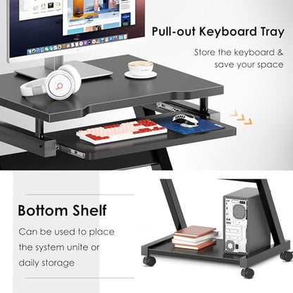 sogesfurniture Mobile Computer Desk with Pull-Out Keyboard Tray & Wheels | Modern Compact Rolling Workstation for Home Office, Small Portable Space Saving Laptop Table, 23.6"L x 18.9"W x 28.7"H, Black - color: Black