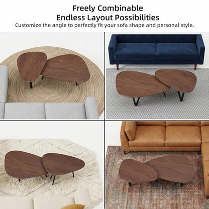 Nesting Coffee Table Set of 2-Mid Century Modern Coffee Table | Guitar Pick Stacking Tables with Solid Wood Legs,Small Coffee Tables for Small spaces,Living Room,Balcony - color: Walnut