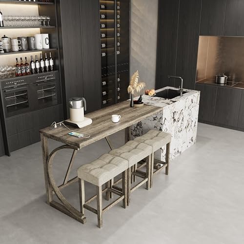 allamazing 4-Piece Counter High Bar Table Set with Socket and 3 Fabric Padded Bar Stools, Tall Kitchen Breakfast Nook with Stool (1+3 Natural) - color: 1+3 Natural