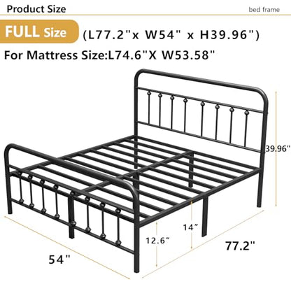 Vengarus Full Metal Bed Frame with Victorian Headboard & Footboard, Black | 14" Full Metal Platform Frame, Heavy Duty Steel Slat Support, Noise Free, No Box Spring Needed, Easy Disassembly & Transport - size: Full