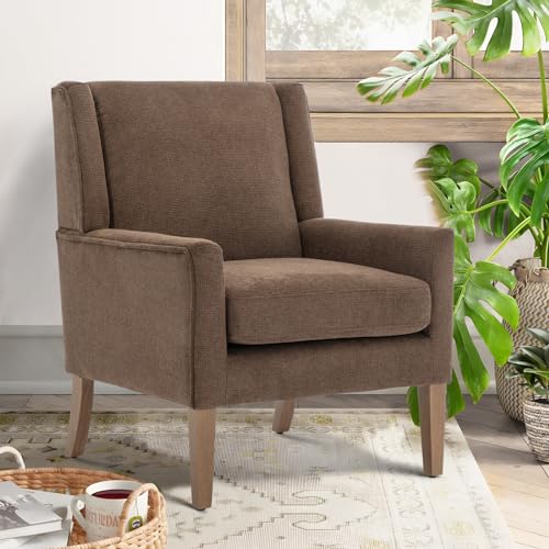COLAMY Modern Wingback Living Room Chair, Upholstered Fabric Accent Armchair, Single Sofa Chair with Lounge Seat and Wood Legs for Bedroom/Office/Reading Spaces, Brown - color: Brown, size: Set of 1