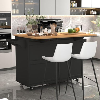 51 Kitchen Island Cart with Drop Leaf Breakfast Bar, Rolling Mobile Kitchen Island Table on Wheels with Storage Cabinet, Drawer, Spice/Towel Rack, Black - size: 51.2 Inch