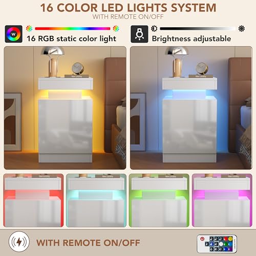 Nightstands Set 2, 15 Inches LED Night Stand Set of 2, Modern Bedside Table with LED Lights, High Gloss Surface, End Table with Storage for Bedroom, White - color: White-15"