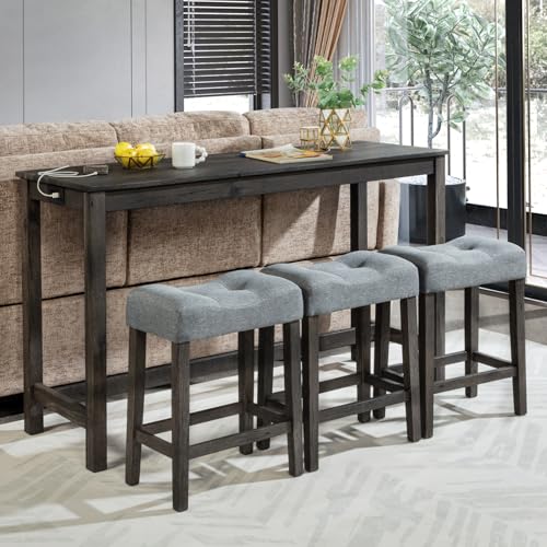 59" Counter Height Bar Table Set with Power Outlet, Industrial Breakfast Table with 3 Padded Stools, 4 Piece Bar Table and Chairs Set for Living Room, Dining Room, Dark Gray - color: R1-dark Gray