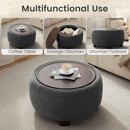VKNOW 30" Round Storage Ottoman, Ottoman Coffee Table with Removable Wood Top and Solid Wood Legs for Living Room, Bedroom, Apartments (Black) - color: Black
