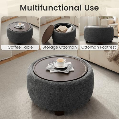 VKNOW 30" Round Storage Ottoman, Ottoman Coffee Table with Removable Wood Top and Solid Wood Legs for Living Room, Bedroom, Apartments (Black) - color: Black