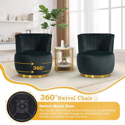 SLEERWAY 360° Swivel Barrel Chair Set of 2, Modern Velvet Round Accent Chair, Comfy Upholstered Small Armchair with Gold Metal Base for Living Room Bedroom Nursery Office Sillas para Sala, Black - color: Black, size: 25.2" W