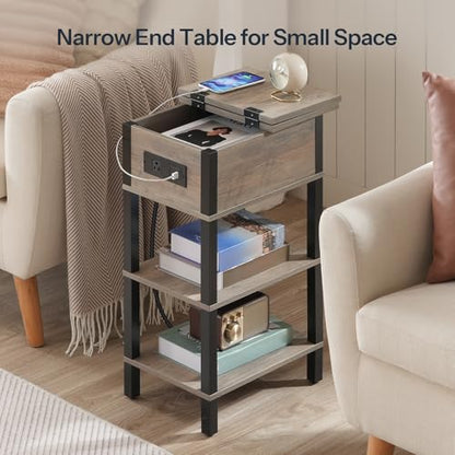 HOOBRO End Table with Charging Station, Flip Top Side Table with USB Ports, Narrow Nightstand Bedside Tables with Storage Shelves, for Small Space, Living Room,Greige and Black BG141UBZ01 - color: Greige + Black