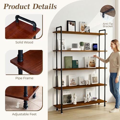 Industrial Bookshelf, Pipe Shelf Bookcase, 5 Tier, 48" Walnut | Solid pine shelves, 48 inch wide, black pipe frame, 50 lbs per shelf, open bookcase for books, plants, office - color: Walnut Brown, size: 48"L × 70"H