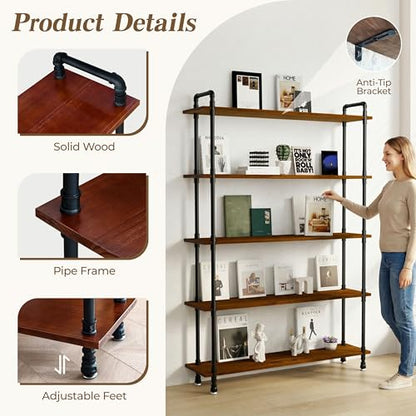 Industrial Bookshelf, Pipe Shelf Bookcase, 5 Tier, 48" Walnut | Solid pine shelves, 48 inch wide, black pipe frame, 50 lbs per shelf, open bookcase for books, plants, office - color: Walnut Brown, size: 48"L × 70"H