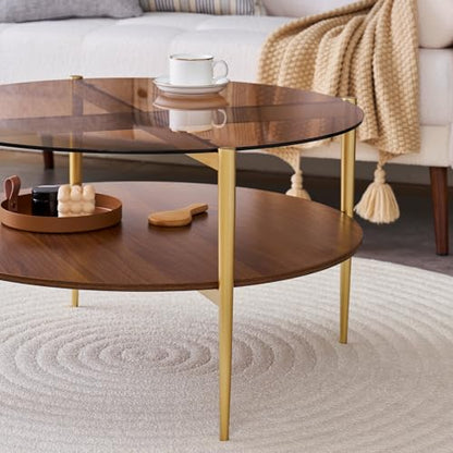 LumFurn Round Coffee Table, Mid-Century Modern Design, D30 x H17, for Living Room, 2-Tier Structure, Amber Glass Top and Walnut MDF Shelf, Sleek Conical Metal Legs with Gold Finish - color: D30" Amber & Walnut