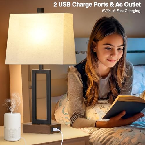Lolikit Table Lamp for Bedroom Set of 2 with 2 USB Ports and AC Power Outlet, 23.5" Modern Bedside Lamp, Wood Nightstand Lamp with Linen Shade for Living Room Hotel Desk(LED Bulb Included) - color: Beige - 23.5"H