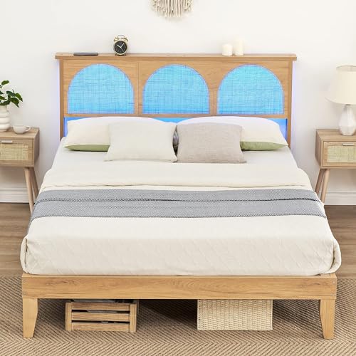 GAOMON Queen Bed Frame with Natural Rattan Headboard, Queen Size Platform Bed Frame with LED Lights and Rattan Headboard, Wooden Support Legs, No Box Spring Needed, Easy Assembly